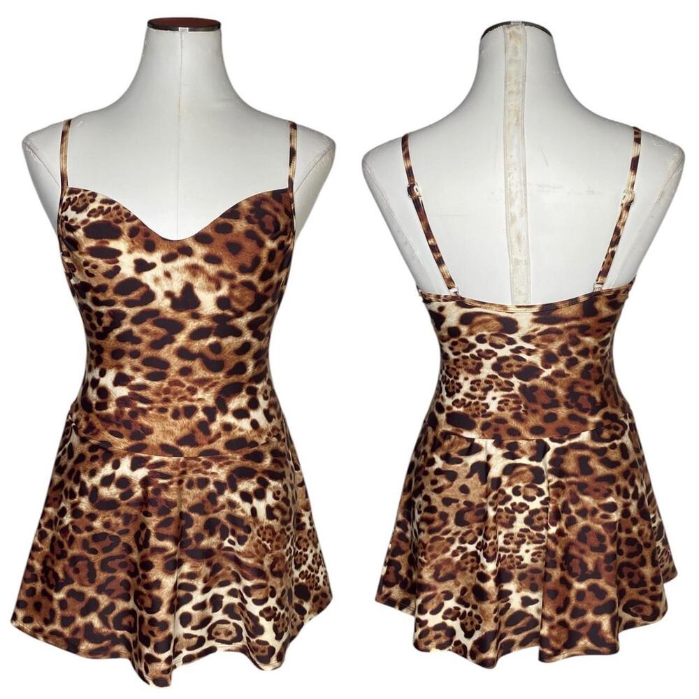 Vintage Leopard Print One Piece Swimsuit Swimdress
